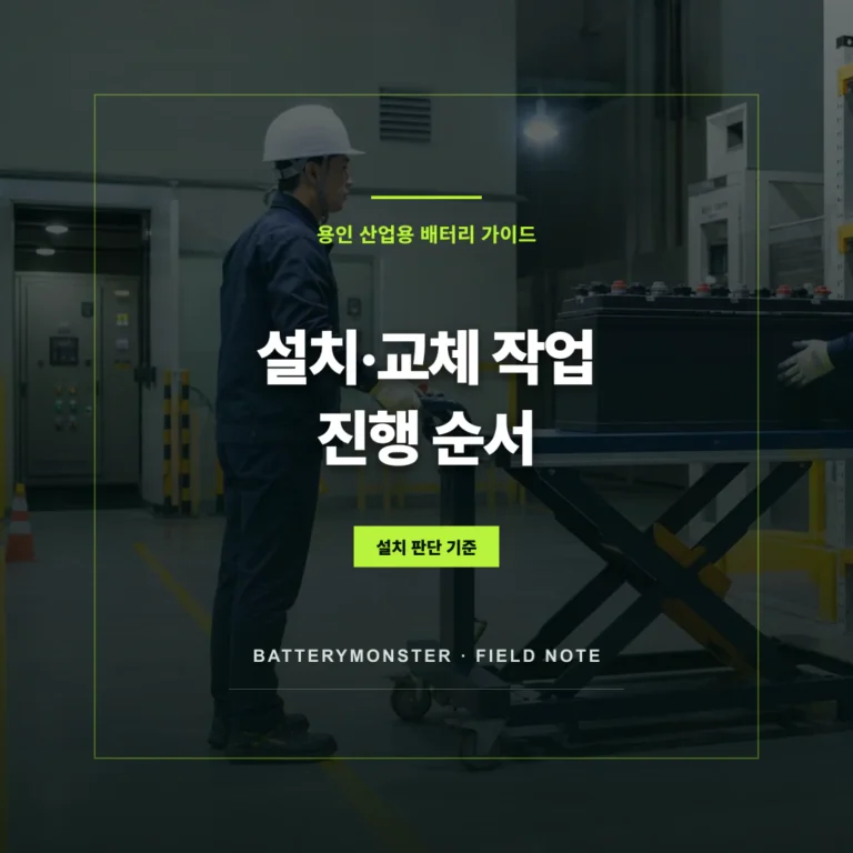 산업용 배터리를 운반하는 기술자와 설치·교체 작업 순서 안내