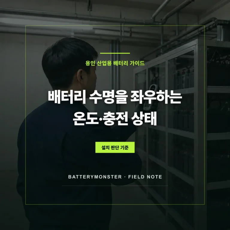 배터리실 온도를 측정하는 기술자와 온도·충전 상태 수명 관리 안내