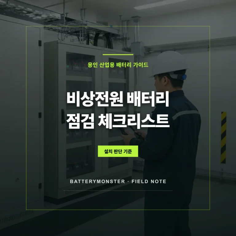비상전원 설비를 확인하는 기술자와 배터리 점검 체크리스트 안내