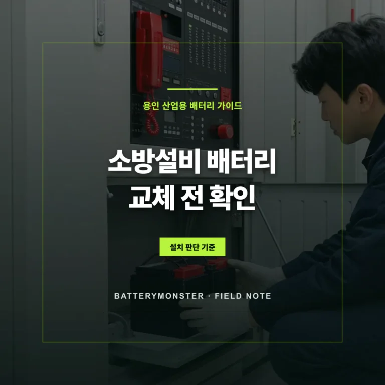 소방설비 배터리 연결부를 점검하는 기술자와 교체 전 확인 항목 안내